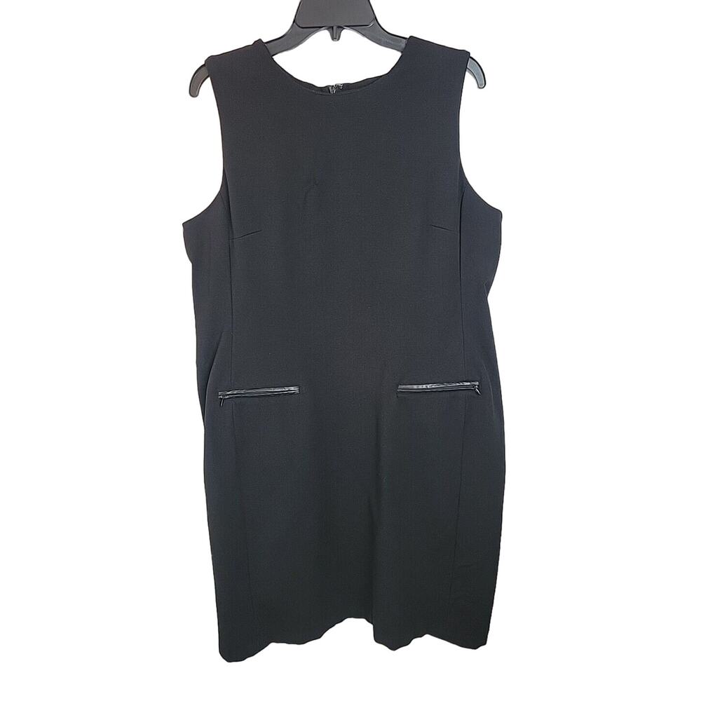 Talbots Black faux leather trim Zip Pockets Sleeveless Pencil Sheath Dress Sz 16